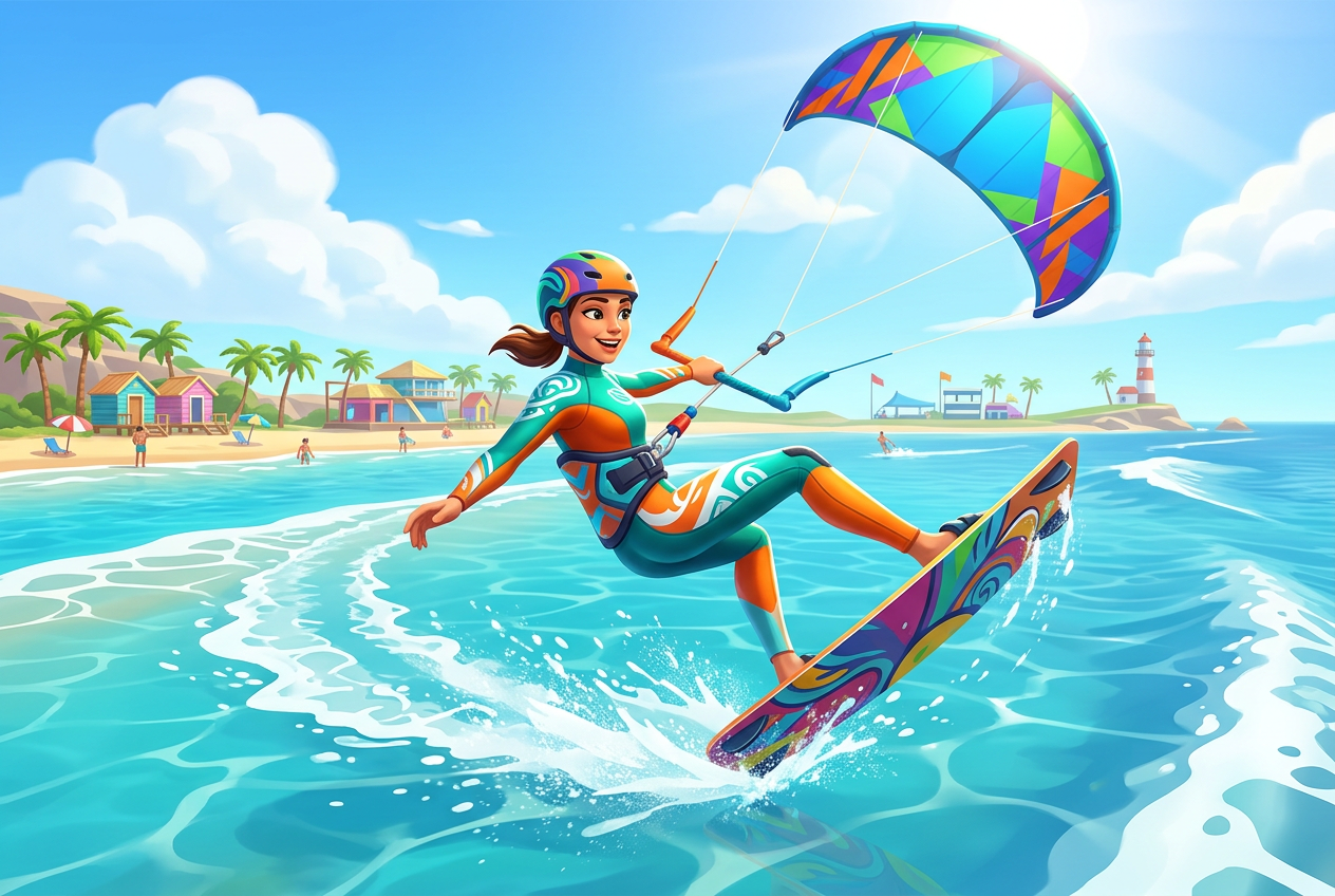 A kitesurfer in a teal and orange wetsuit sends a patchwork kite above a turquoise bay with beach huts, palms and a lighthouse